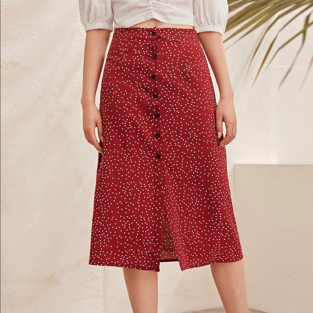Shein red polka-dot button-front skirt